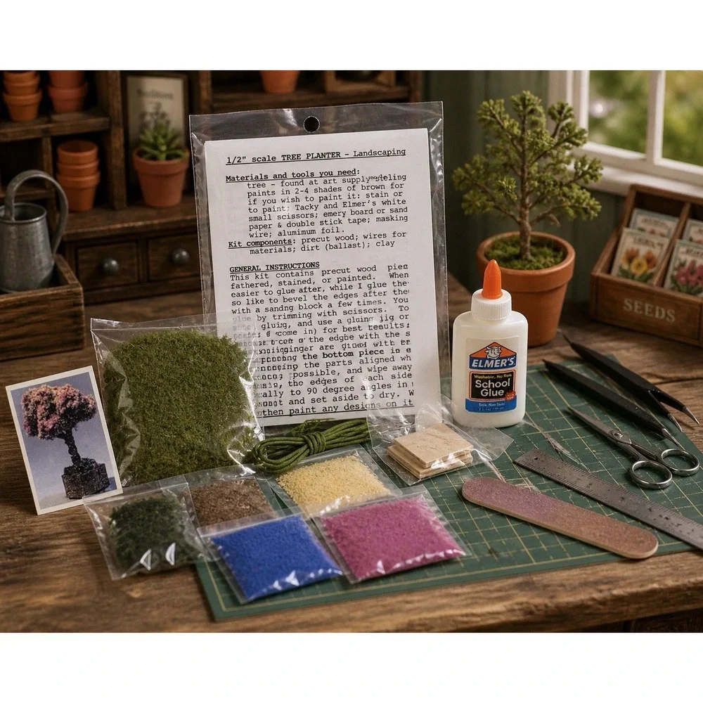 Vintage 1:24 Dollhouse Miniature Tree Planter DIY Kit Moss Wood Garden Set NOS